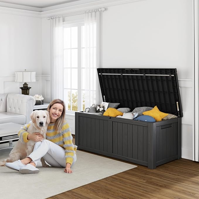120 Gallon Resin Deck Box, Lockable Patio Outdoor Storage Box for Furniture, Garden Tools and Tools Storage, Waterproof Outside Storage Boxes - Black - Image 5