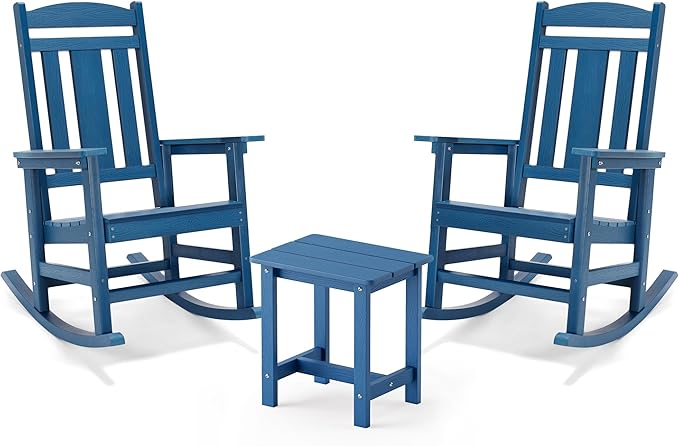 LUE BONA Outdoor Rocking Chairs Set, 3-Piece, HDPS Poly Porch Rockers with Table, Plastic Weather Resistant Rocking Chair Set for Outdoor Indoor, Garden, Backyard, 350lb, Navy Blue Chairs+Table by LUEBONA