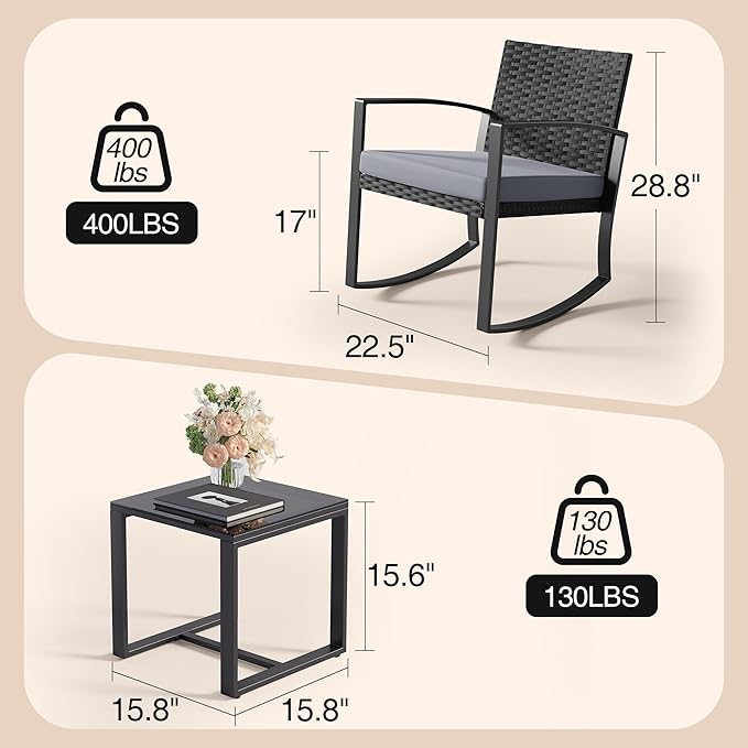 3 Pieces Outdoor Patio Furniture Set Rocking Bistro Set Outdoor Rattan Conversation with Coffee Table for Garden Balcony Backyard Poolside (Grey Cushion) - Image 2