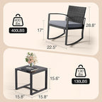 3 Pieces Outdoor Patio Furniture Set Rocking Bistro Set Outdoor Rattan Conversation with Coffee Table for Garden Balcony Backyard Poolside (Grey Cushion) - Image 2