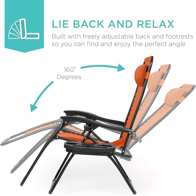 Best Choice Products Set of 2 Adjustable Steel Mesh Zero Gravity Lounge Chair Recliners w/Pillows and Cup Holder Trays - Burnt Orange - Image 4