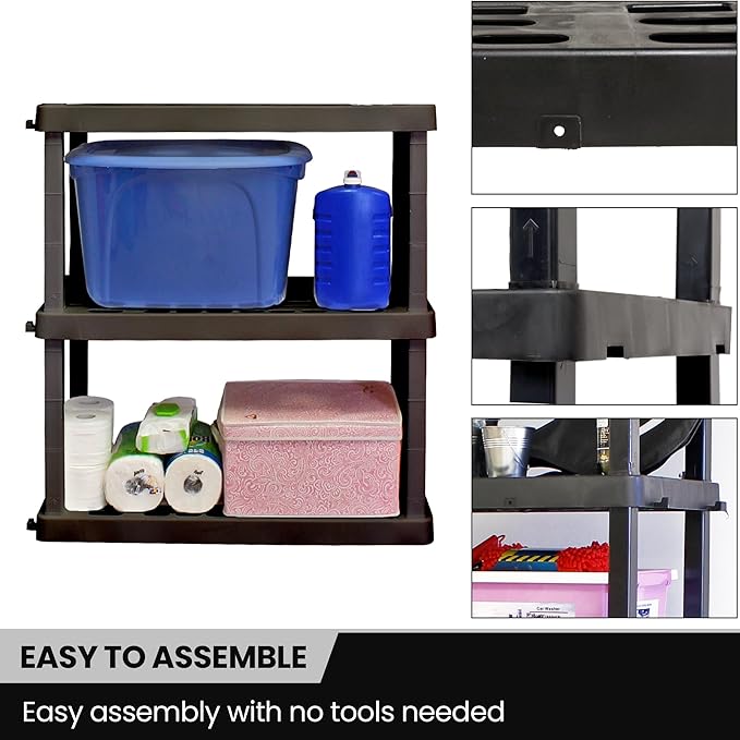 Oskar Heavy Duty Plastic Storage Shelves- for Garage, Kitchen, Bathroom Basement Kids Room, Stackable 3-Tier Black Organizer Rack for Books Shoes, Toys, Pantry, Cleaning and Closet Organization - Image 5