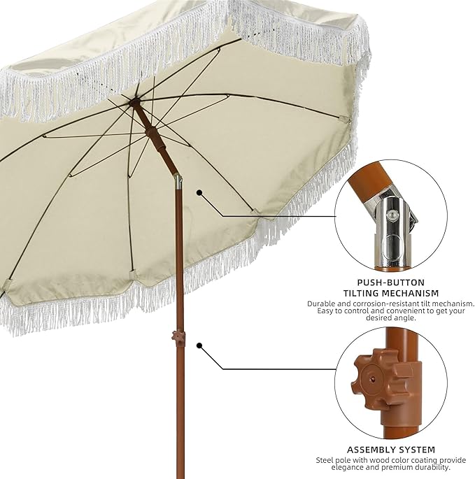 AMMSUN 7ft Patio Umbrella with Fringe Outdoor Tassel Umbrella UPF50+ Premium Steel Pole and Ribs Push Button Tilt, Light Beige - Image 4