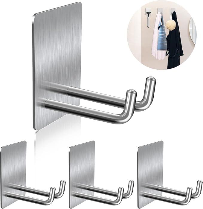 Adhesive Hooks, Stick on Stainless Steel Towel Robe Razor Wall Hooks by AdhesiveHooks