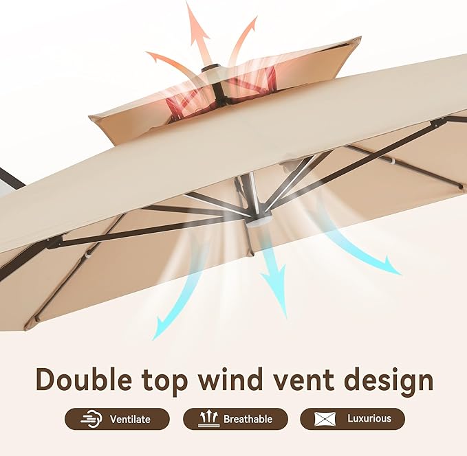 10 X 13 FT Cantilever Outdoor Patio Umbrella with Led Lights Large Heavy Duty 360° Rotation Double Top Offset Rectangular Umbrellas for Backyard Garden Pool Outside Deck, Beige - Image 6