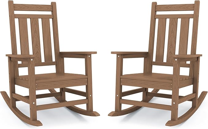 KINGYES Oversized Outdoor Rocking Chair Set of 2, All-Weather Patio Rocking Chairs for Porch, HDPE Outdoor Patio Rockers with High Back & Wide Seat for Garden, Lawn, Brown by KINGYES