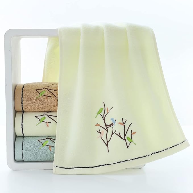 Pidada Bath Hand Towel Set of 3 Embroidered Bird Tree Pattern 100% Cotton Soft - Image 2