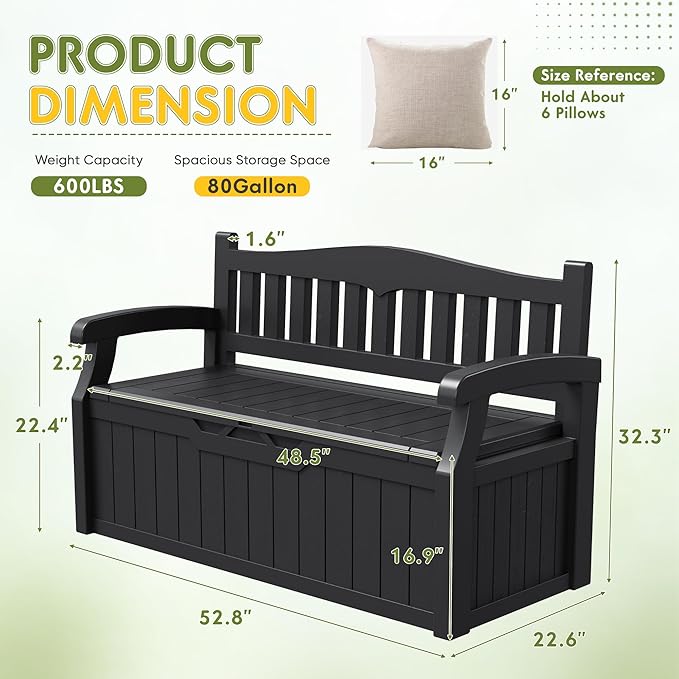 Greesum 80 Gallon Storage Bench Outdoor Deck Box with Armrest, Patio Furniture,Lockable, Waterproof and UV Resistant, Suitable for Garden, Pool, Black - Image 3