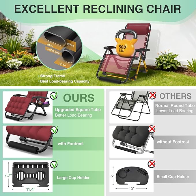 Suteck Oversized Zero Gravity Chair,33In XXL Lounge Chair w/Removable Cushion&Headrest, Reclining Camping Chair w/Upgraded Lock and Footrest, Reclining Patio Chairs Recliner for Indoor Outdoor,500LBS - Image 4