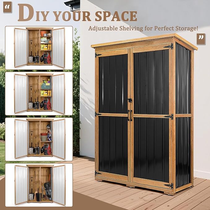 PetsCosset 46" L Large Outdoor Storage Cabinet with Shelves, Wood & Metal Storage Shed Weather-Resistant, Outside Storage Cabinet for Garage Patio Backyard Garden with Waterproof Roof - Image 4