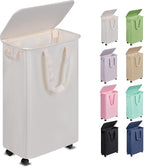 Slim Laundry Hamper with Lid and Wheels, Small Rolling Laundry Basket with by Vincona