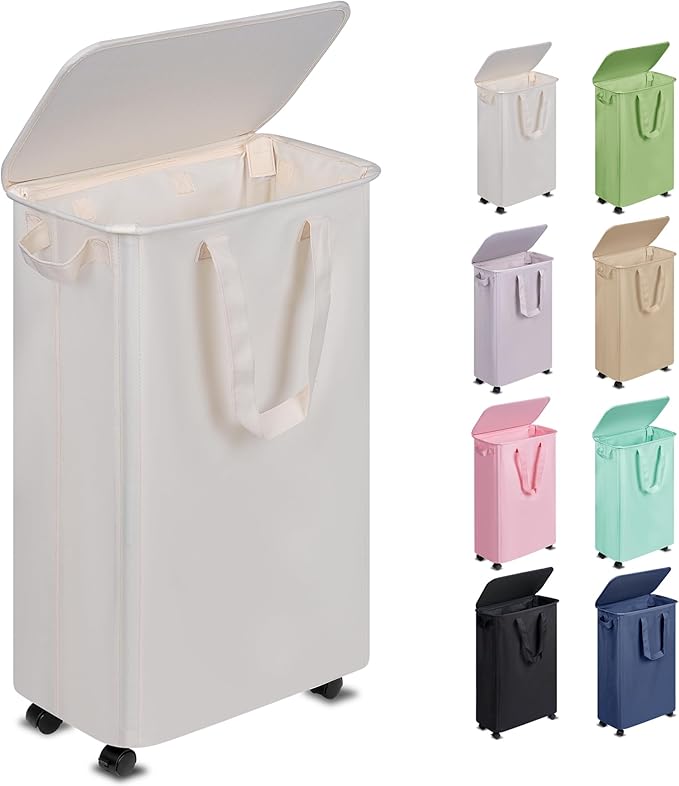 Slim Laundry Hamper with Lid and Wheels, Small Rolling Laundry Basket with by Vincona