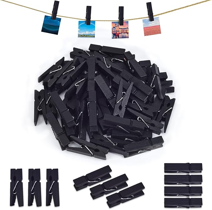 iKammo Black Wood Clothespins Mini Colored Natural Wooden Clips Photo Clips by iKammo