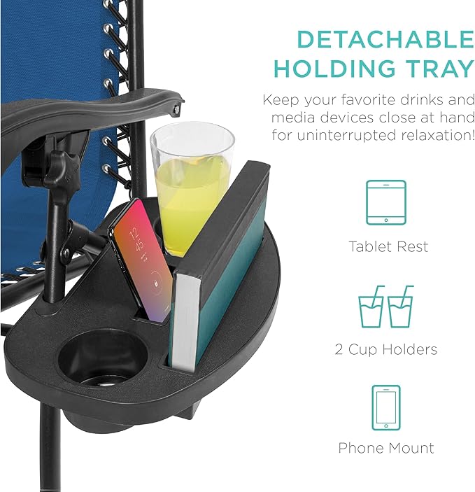 Best Choice Products Set of 2 Adjustable Steel Mesh Zero Gravity Lounge Chair Recliners w/Pillows and Cup Holder Trays - Marine Blue/Black - Image 5