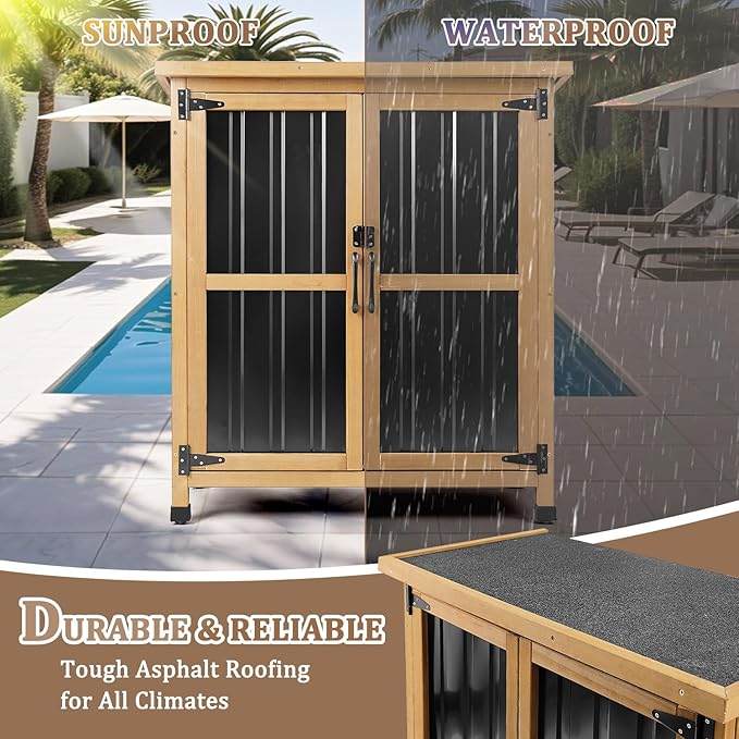PetsCosset Weatherproof Outdoor Storage Cabinet with Lockable Doors, Wood & Metal Garden Storage Shed Patio Storage Box for Tools & Lawn Equipment, Pool Accessories - Image 8
