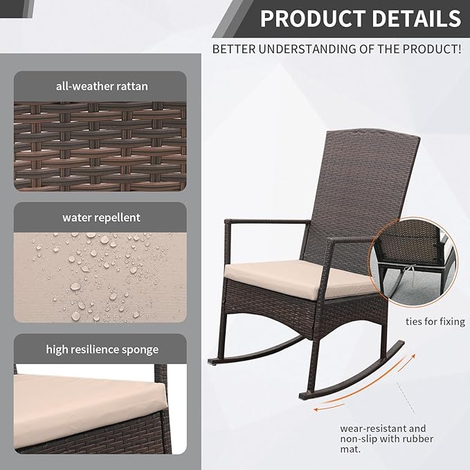 Outdoor Rocking Chair 3 Pieces High-Backed Rocking Chair Patio Rocking Chairs Outdoor Table, Khaki - Image 5