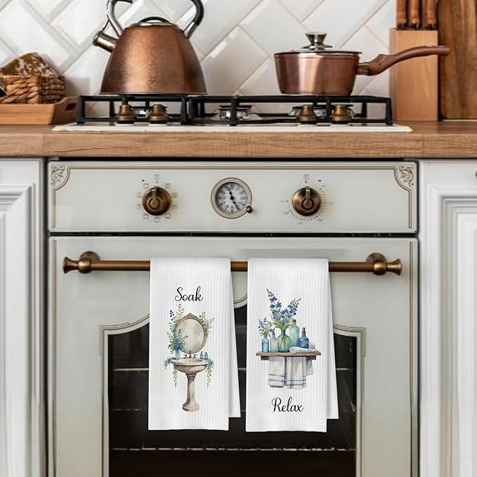 Farmhouse Blue Botanical Bathroom Hand Towels, Rustic Cottagecore Relax Breathe - Image 3