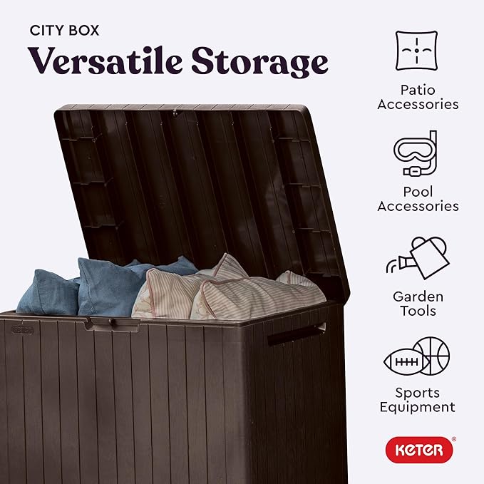 Keter City 30 Gallon Resin Outdoor Storage Box and Patio Furniture Side Table for Pool and Garden Accessories, Brown - Image 4