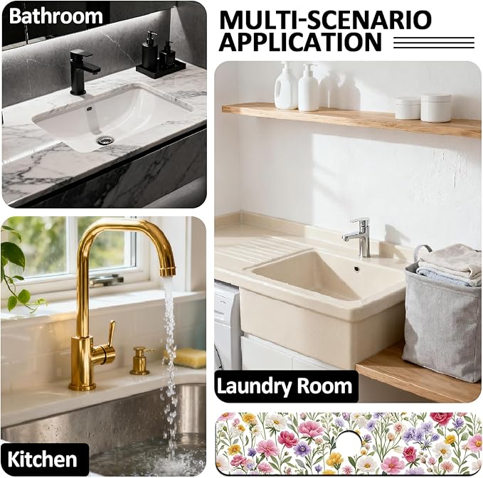 2 Pcs Kitchen Sink Splash Guard Faucet Mats Colorful Watercolor Flowers and - Image 7
