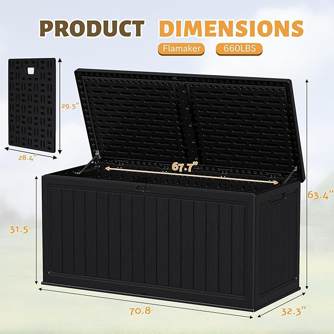 Flamaker Resin Deck Box 270 Gallon, Waterproof Imitation-Wood Lockable Storage Box with Separator Plate Outdoor Indoor, Garden, Patio Furniture for Tools&Pool Accessories (Black) - Image 6
