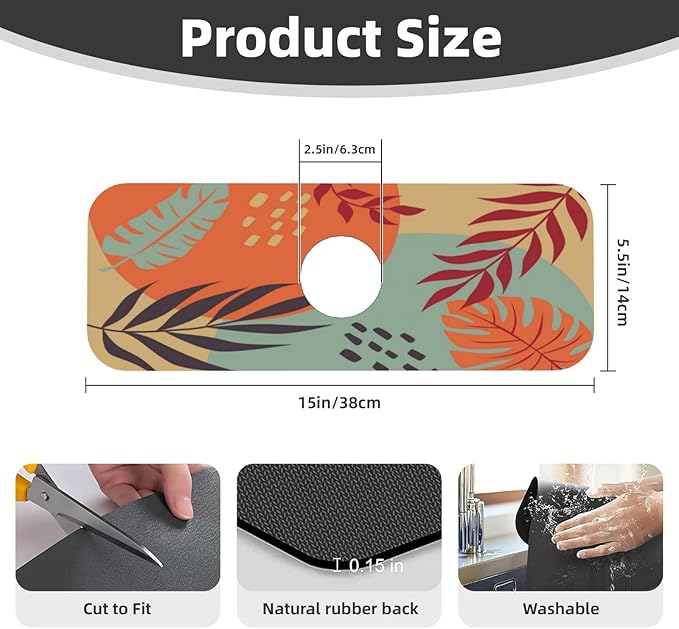 Boho Bohemian Abstract Floral Leaves Kitchen Sink Splash Guard Faucet Mat Super - Image 2