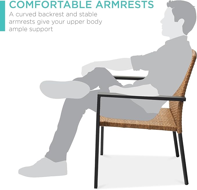 Best Choice Products Set of 2 Stackable Outdoor Wicker Dining Chairs All-Weather Firepit Armchair w/Armrests, Steel Frame for Patio, Deck, Garden, Yard - Natural - Image 5