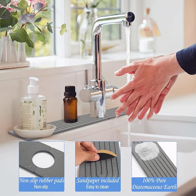Stone Faucet Mat for Kitchen Sink- 23.6''x 3.9''Diatomite Fast-Drying Faucet Mat - Image 3