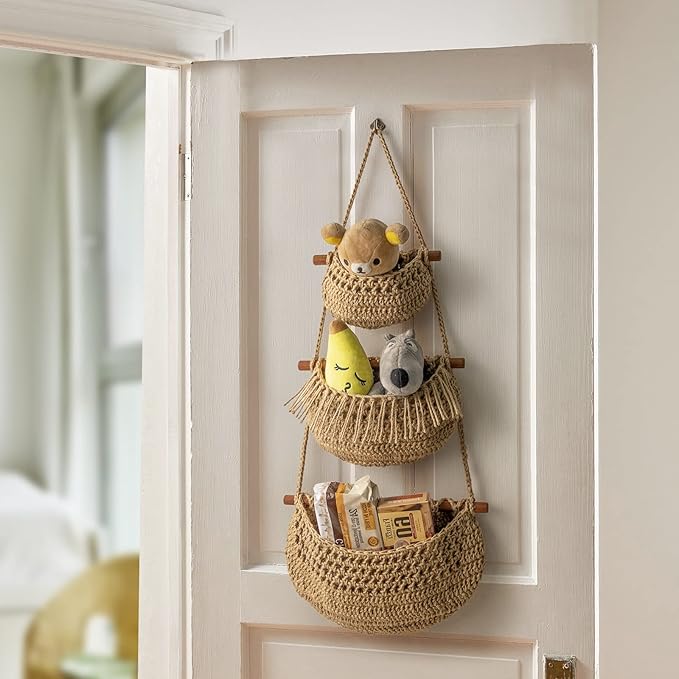 Hanging Fruit Basket, 3 Tier Over the Door Organizer, Handmade Woven Jute Wall - Image 3