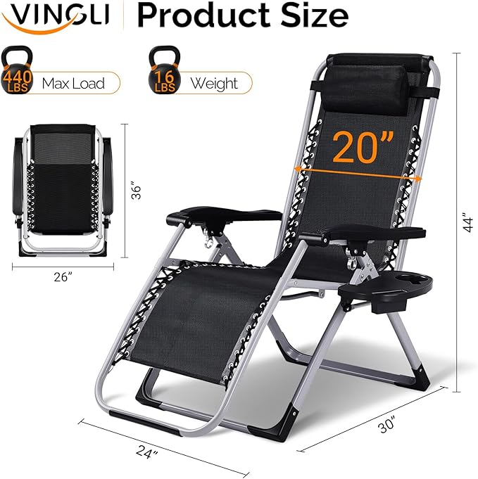 VINGLI Padded Zero Gravity Chair, Lounge Chair with Removable Cushion & Tray， Folding Reclining Patio Chairs， Recliner Chair for Lawn，Indoor Outdoor-Black - Image 5