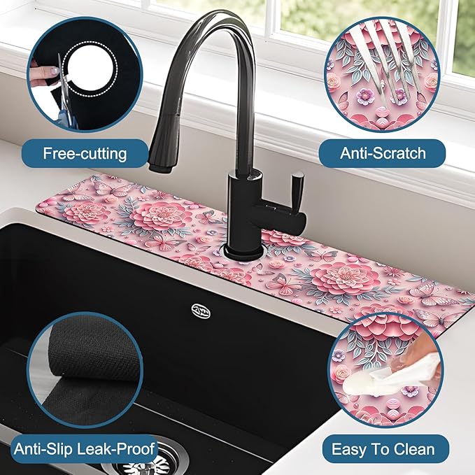 Pink Floral Sink Splash Guard Faucet Mat Flower Butterfly Super Absorbent Fast - Image 4