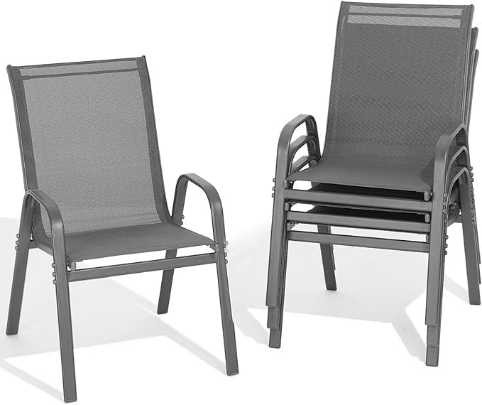 Patio Chairs Set of 4, All Weather Breathable Stackable Outdoor Dining Chairs with High Back and Wide Seat, Easily Set Up Outdoor Chairs Set of 4 with Metal Frame for Backyard Garden Pool, Grey by Dovov