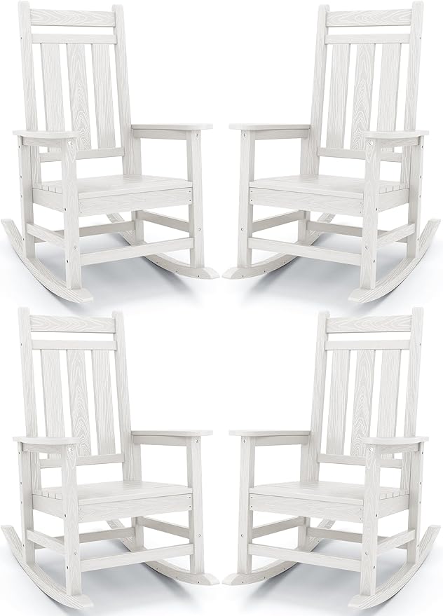 KINGYES Oversized Outdoor Rocking Chair Set of 4, All-Weather Patio Rocking Chairs for Porch, HDPE Outdoor Patio Rockers with High Back & Wide Seat for Garden, Lawn, White by KINGYES