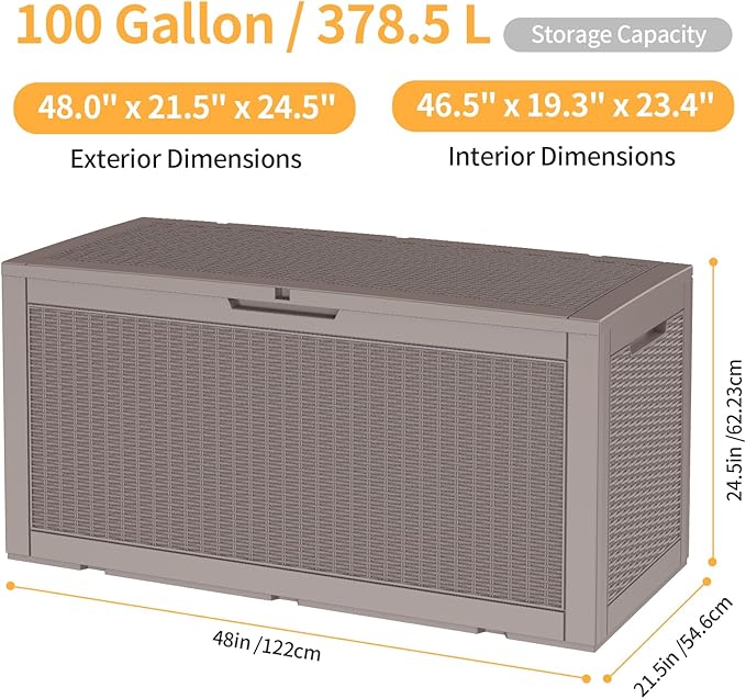 DRATO 100 Gallon Large Deck Box, Outdoor Storage Box for Patio Furniture, Patio Cushions, Gardening Tools, Pool Supplies,660lbs Weight Capacity,Waterproof Resin Storage Boxes（Gray，100 Gallon） - Image 5