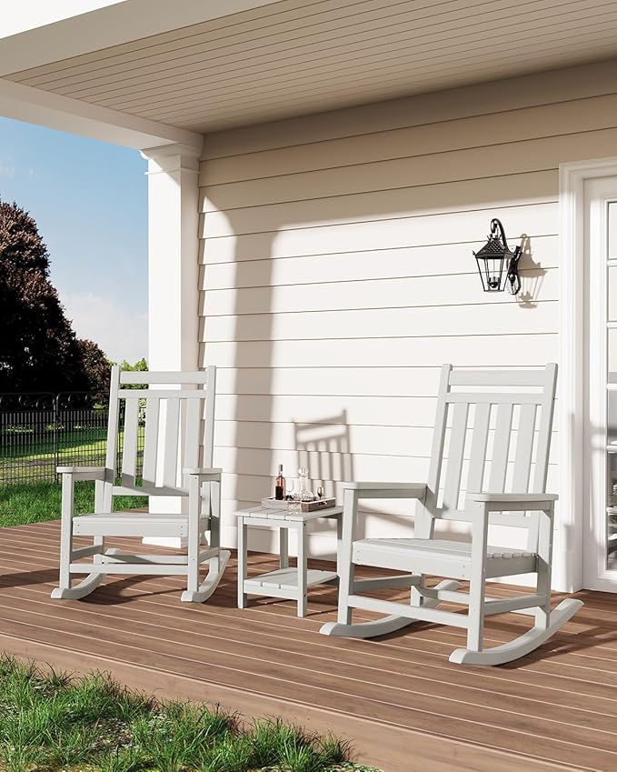 GarveeLife Poly Lumber Rocking Chair Outdoor Set of 2 with Side Table - HDPE High Back Porch Rocker Chairs for Adults - All Weather Resistant Furniture for Patio - White by GarveeLife