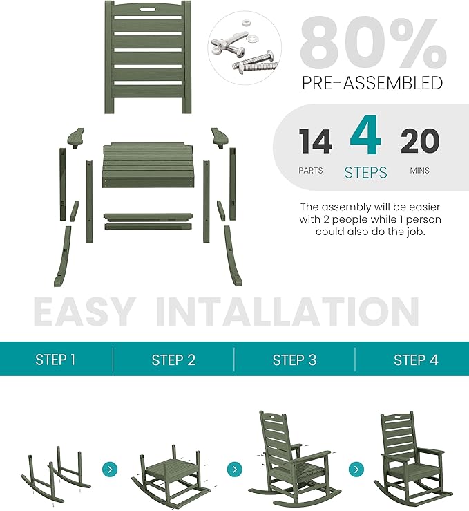 SERWALL Outdoor Rocking Chair, Oversized Rocking Chair with Footrest for Adults, HDPE All Weather Resistant Rocking Chairs for Patio, 350lbs Weight Capacity, Avocado Green - Image 5