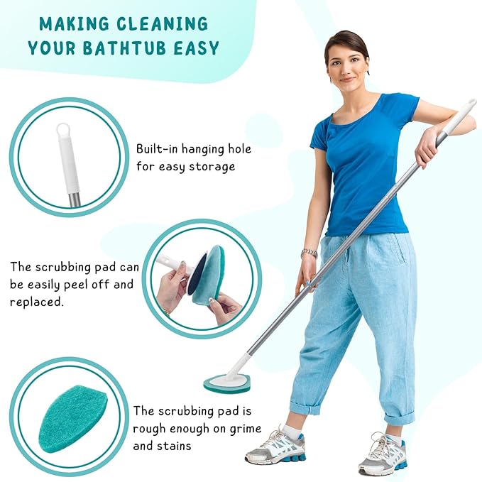Shower Scrubber with Long Handle, Bathroom Tub and Tile Cleaning Tool with 6 - Image 2