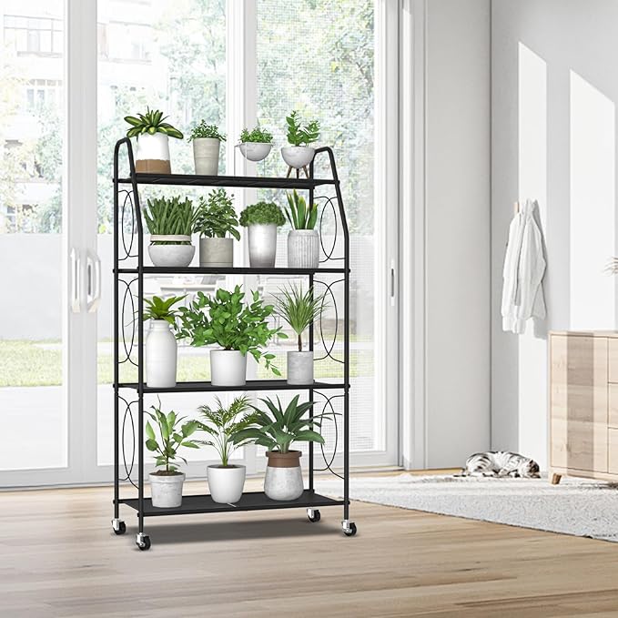 4 Tier Plant Stand with Wheels, Plant Shelf for Indoor Outdoor, Heavy Duty Metal Tall Plant Stands Holder Rack for Living Room Balcony and Garden, Black - Image 4