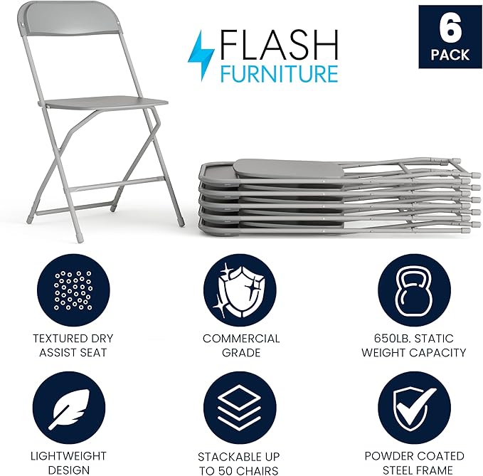 Flash Furniture Hercules Series Plastic Folding Chair - Grey - 6 Pack 650LB Weight Capacity Comfortable Event Chair-Lightweight Folding Chair - Image 3