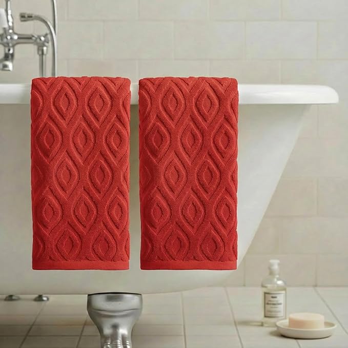 Artoid Mode 2 Pcs Red 3D Diamond Grid Jacquard Hand Towels - Image 4
