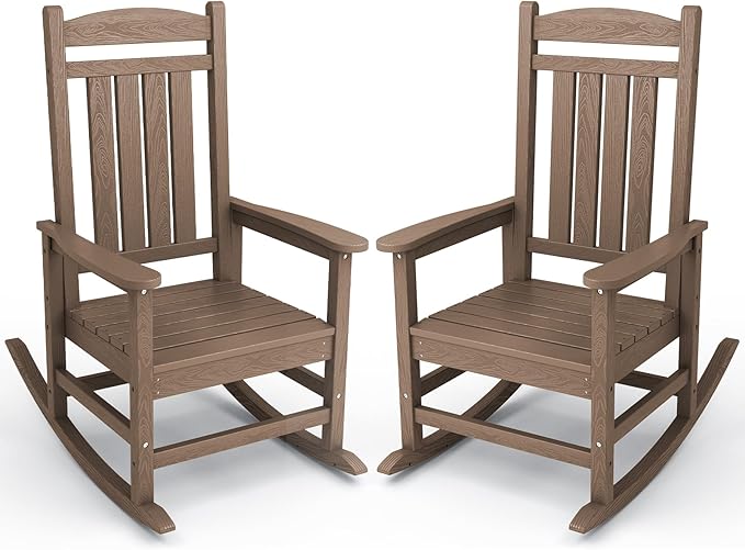 KINGYES Outdoor Rocking Chair Set of 2, High Density Polyethylene Patio Rocking Chairs with 330lbs Support for Adults, Brown by KINGYES