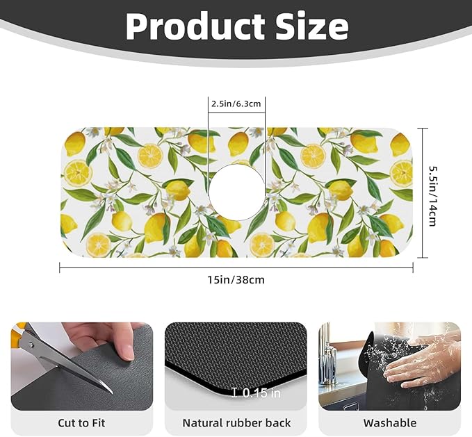 Yellow Lemon Teal Kitchen Sink Splash Guard Faucet Mat 1 Pcs, Absorbent Fast - Image 2