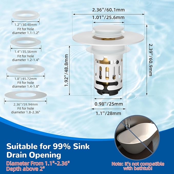 Hibbent 2 Pack 3 in 1 Bathroom Sink Drain Strainer, Universal Pop Up Stopper - Image 7