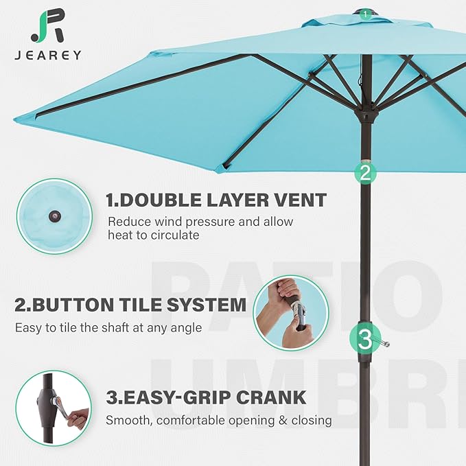 JEAREY 7.5FT Patio Umbrella Outdoor Market Umbrella with 6 Sturdy Ribs, Push Button Tilt/Crank Table Umbrella for Garden, Deck, Backyard and Pool, Baby Blue - Image 5