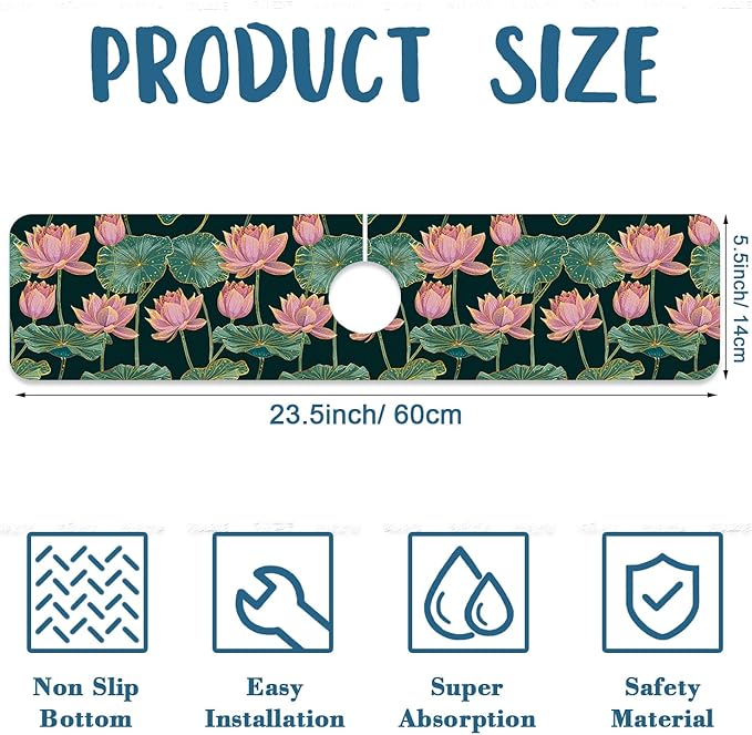 Lotus Pond Pattern Kitchen Sink Splash Guard Faucet Mat Lotus Flowers Leaves - Image 2