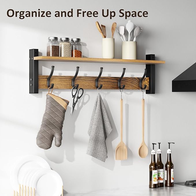 Coat Rack Wall Mount with Shelf, 24 Inch Coat Hanger Walls Mounted, Hat Rack - Image 6