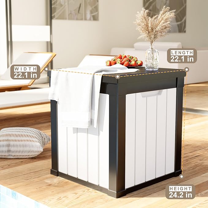 ROJIK Outdoor Storage Housing Deck Box - Waterproof Patio Furniture, Garden Tools, Cushions, Pool Accessories Storage Bench with Lockable Lid and Side Handles (Black & Whiter, 50 Gal) - Image 2