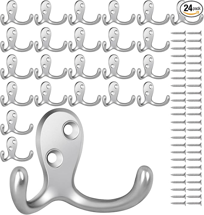 24 Pack Coat Hooks, Heavy Duty Double Prong Coat Hooks Wall Mounted by Homanu