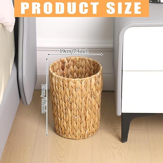Wicker Waste Basket, Handwoven Water Hyacinth Trash Can Small Bathroom Trash - Image 2