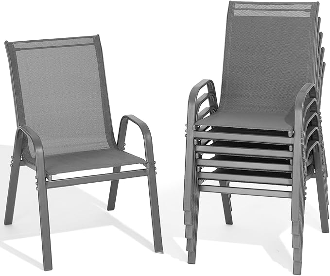 Patio Chairs Set of 6, All Weather Breathable Stackable Outdoor Dining Chairs with High Back and Wide Seat, Easily Set Up Outdoor Chairs Set of 6 with Metal Frame for Backyard Garden Pool, Grey by Dovov