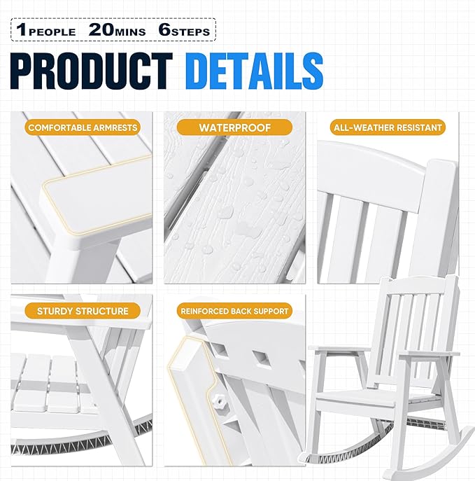 Devoko PP Material Rocking Chair Outdoor Indoor All Weather High Back Patio Rocker for Adult Heavy Duty Rocking Chair for Patio Backyard Porch Garden (Heavy Duty, White) - Image 4